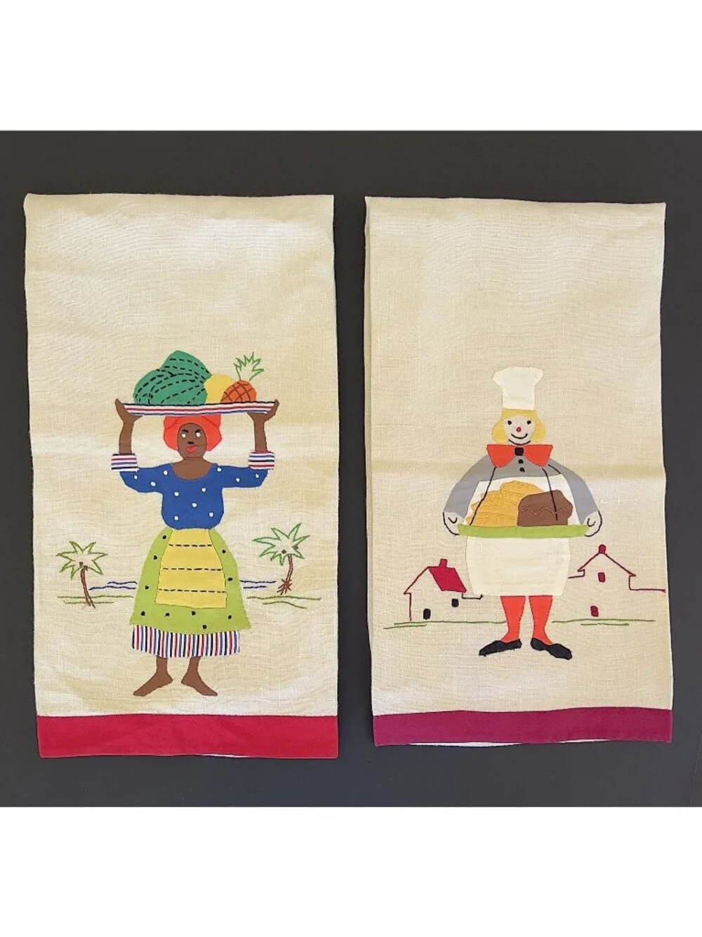 Vintage Jamaican Allsides Workroom Applique Linen Tea Towels Pair Folk Art Set
